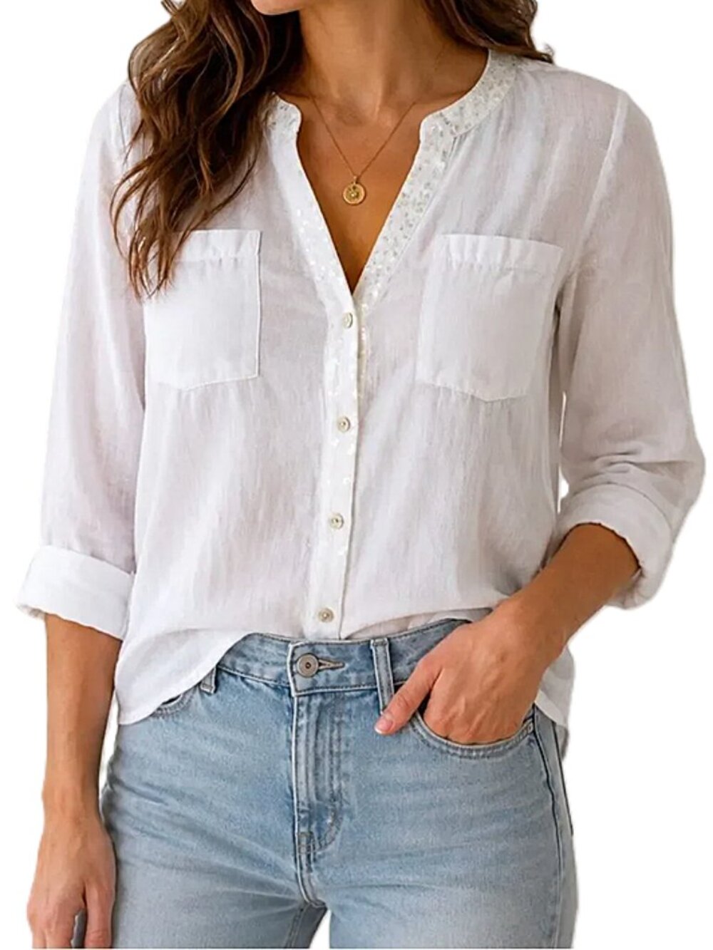 Chico's White Sequin Trim W/Crocheted Back Accent Blouse size 1